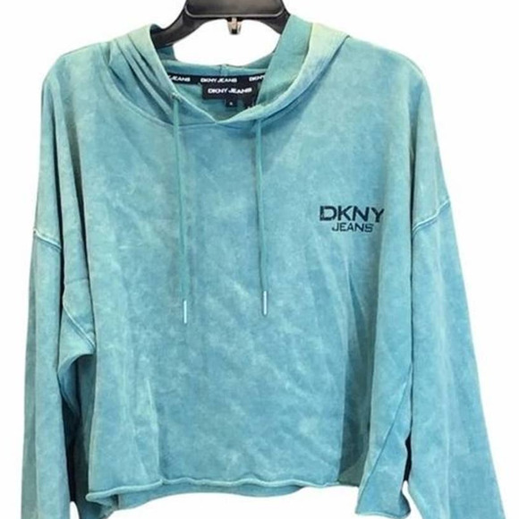 DKNY JEANS Hoodie Women's Size XL Cropped Green Tie Dye Pullover Drawstring - Picture 1 of 12